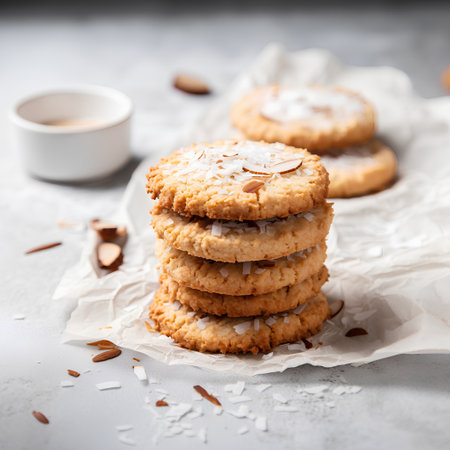 Homemade oatmeal cookies with almond flakes on a light background, selective focus.の素材
