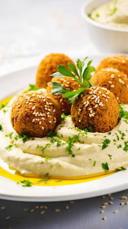 Falafel with hummus and parsley on a white plateの素材