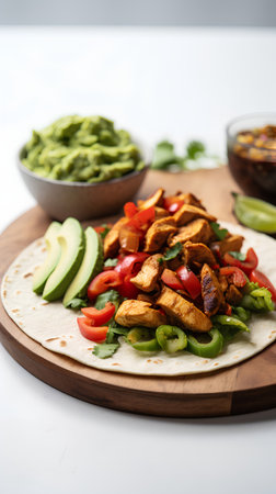 Guacamole, chicken and vegetables tacos served on wooden boardの素材