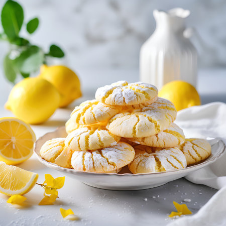 Lemon cookies with powdered sugar on a white background. Selective focus.の素材