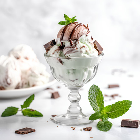 Delicious ice cream with chocolate and mint in a glass on a white backgroundの素材