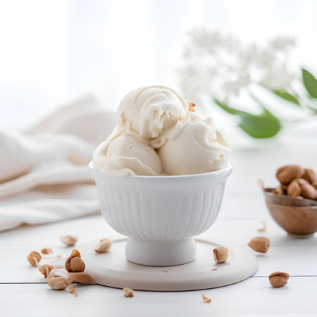 Vanilla ice cream with nuts in a white bowl on a white wooden tableの素材