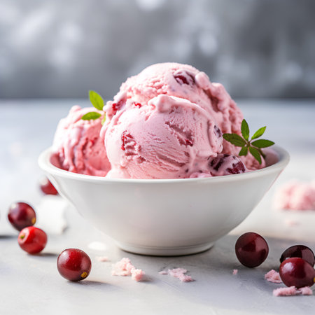 Cranberry ice cream in bowl with berries and mint on gray backgroundの素材
