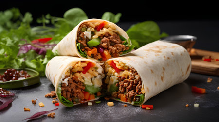 Tortilla wraps with meat, vegetables and cheese on a black backgroundの素材