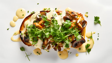 Toasted baguette with mushrooms and cream sauce on white backgroundの素材