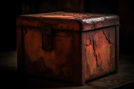 Old rusty chest on a dark background. Shallow depth of field. Toned.の素材