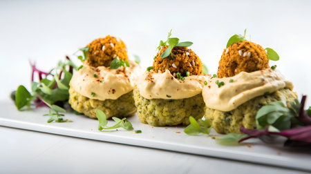 Vegetarian falafel balls with hummus and arugulaの素材
