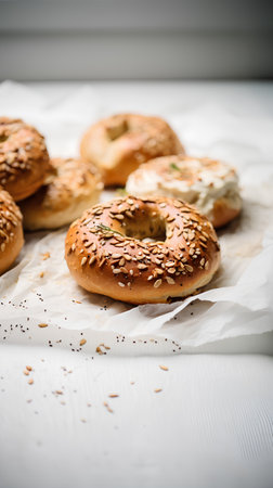 Bagels with cream cheese and sesame seeds on a white backgroundの素材