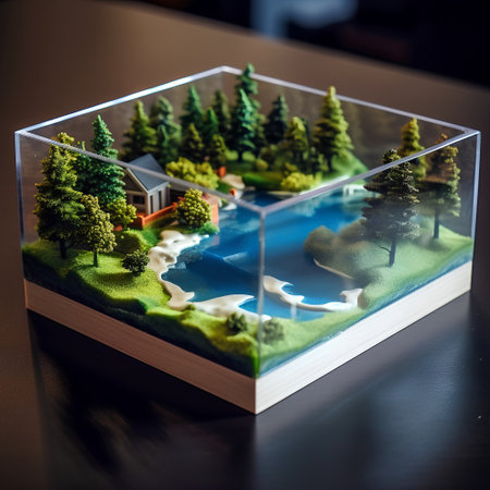 Miniature model of a lake in a glass box on a black backgroundの素材