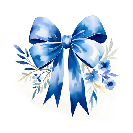 Blue bow with flowers. Watercolor illustration isolated on white background.の素材