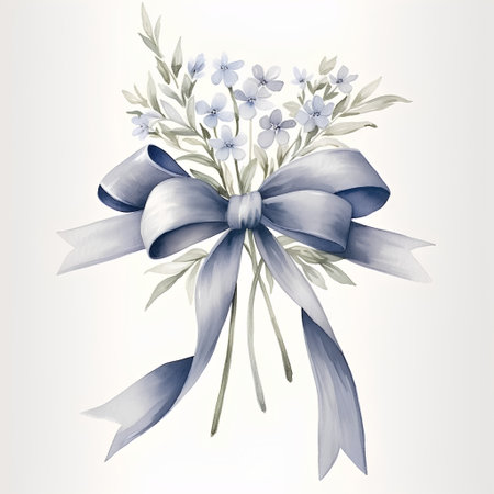 Watercolor bouquet with blue flowers and bow. Vector illustration.の素材