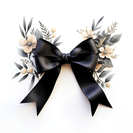 Black bow with flowers on white background. Flat lay, top view.の素材