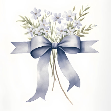 Bouquet of white flowers with blue ribbon. Watercolor illustration.の素材