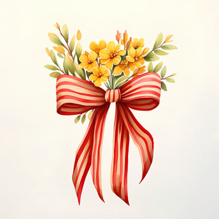 Bouquet of yellow flowers with red bow. Vector illustration.の素材