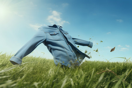 jean jacket on green grass and blue sky with white clouds backgroundの素材