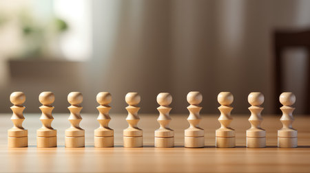 Wooden figures of people stand in a row on a wooden table. The concept of leadership and teamwork.の素材