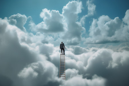 Conceptual 3D business man standing on ladder over clouds backgroundの素材