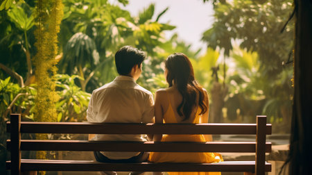 Young asian couple sitting on the bench and looking at each other.の素材