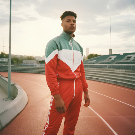 young handsome african american sportsman in tracksuit running at stadiumの素材