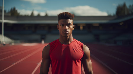 Portrait of african american male athlete standing on the running trackの素材