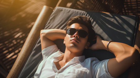 Handsome young man in sunglasses lying on chaise lounges.の素材