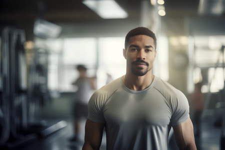 Portrait of handsome african american man looking at camera in gymの素材