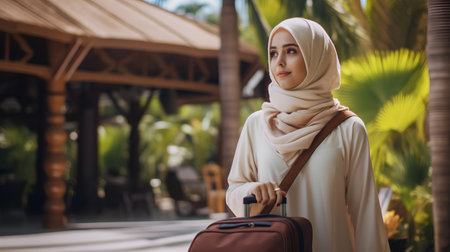 Hijab woman with travel bag at resort. Travel concept.の素材