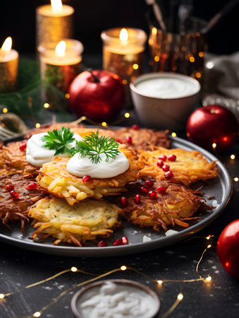 Potato pancakes with sour cream and pomegranate seeds on a black backgroundの素材
