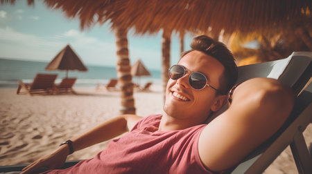 Young man in sunglasses sitting in chaise lounge on the beach.の素材