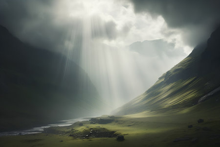 Beautiful summer landscape with sunbeams shining through clouds in Scotlandの素材