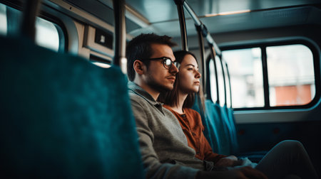 Young couple traveling by train. Man and woman sitting on the train.の素材
