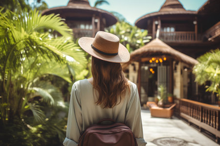 Woman traveler with hat and bag on the background of a tropical resortの素材