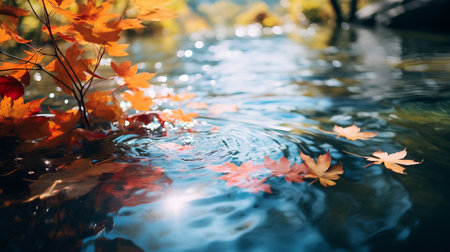 Autumn maple leaves in the water with bokeh effect.の素材