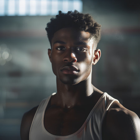 Portrait of young african american man at the gym.の素材