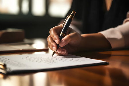 Close-up of a businesswoman signing a contract with a fountain penの素材