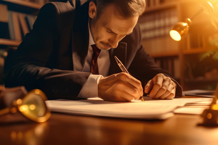 Male lawyer working in office. Lawyer sitting at table and signing contract.の素材
