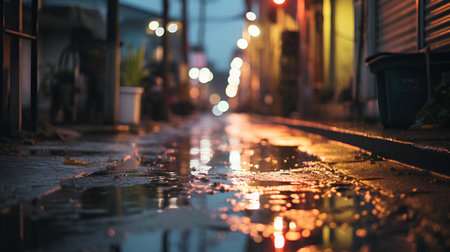 Raindrops on the pavement in the evening. Abstract blurred background.の素材