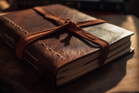 Old book with bookmark on a leather cover. Shallow depth of field.の素材