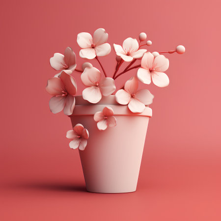 Flowers in pot on red background. 3d render illustration.の素材