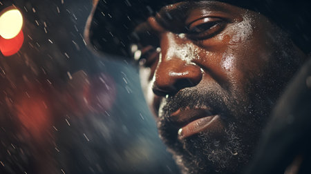Portrait of a black man in the rain. Close-up.の素材
