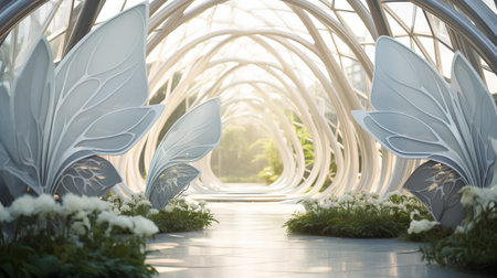 3D rendering of a modern architecture background with a beautiful flower gardenの素材