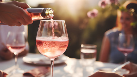 Pouring pink wine into a glass during a romantic dinner at sunsetの素材