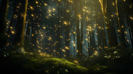 Mysterious forest with magic light. 3D Rendering.の素材