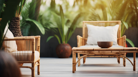 Wooden wicker chair with pillows on the terrace. 3d renderingの素材