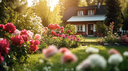 Beautiful spring garden with blooming flowers and old house in the backgroundの素材