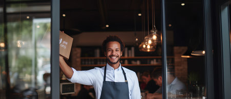 Portrait of a smiling waiter holding a paper bag in a cafeの素材