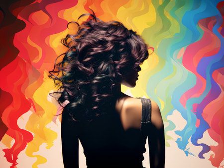 Portrait of beautiful young woman with long wavy hair on colorful backgroundの素材