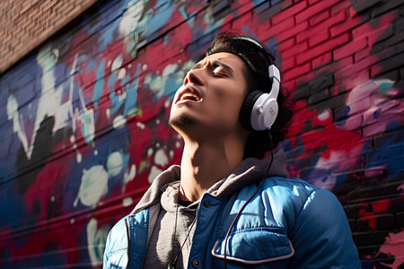 Portrait of a handsome young man listening to music with headphones on the street.の素材