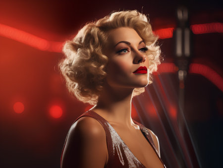 Fashion photo of beautiful woman with blond curly hair and red lipsの素材