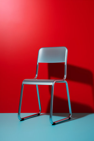 3d rendering of a metal chair on a red background with shadowの素材